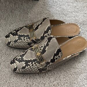 Tory Burch Black and Cream Snake Print Mules